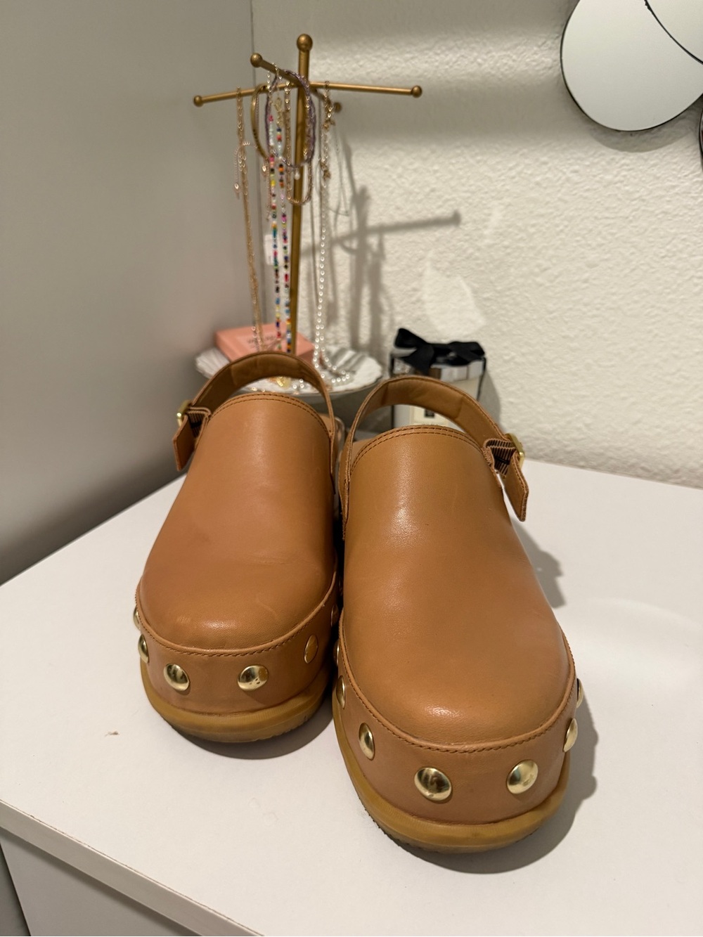 Sorel Tan Leather Slingback Clogs with Gold Buckle & Studs - Picture 3 of 7